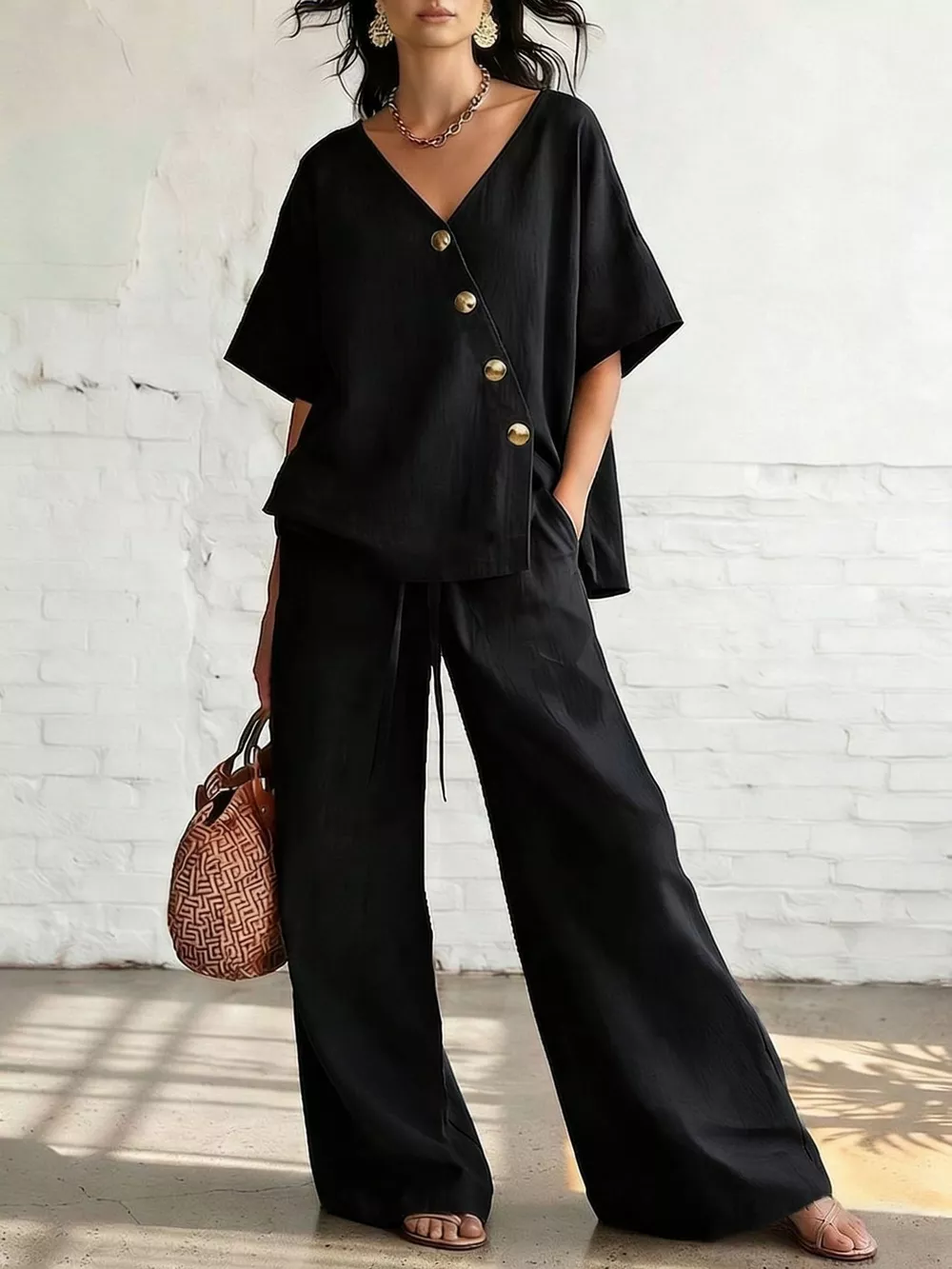 Full Size Surplice Half Sleeve Top and Wide-Leg Pants Set Plus Size, image 5