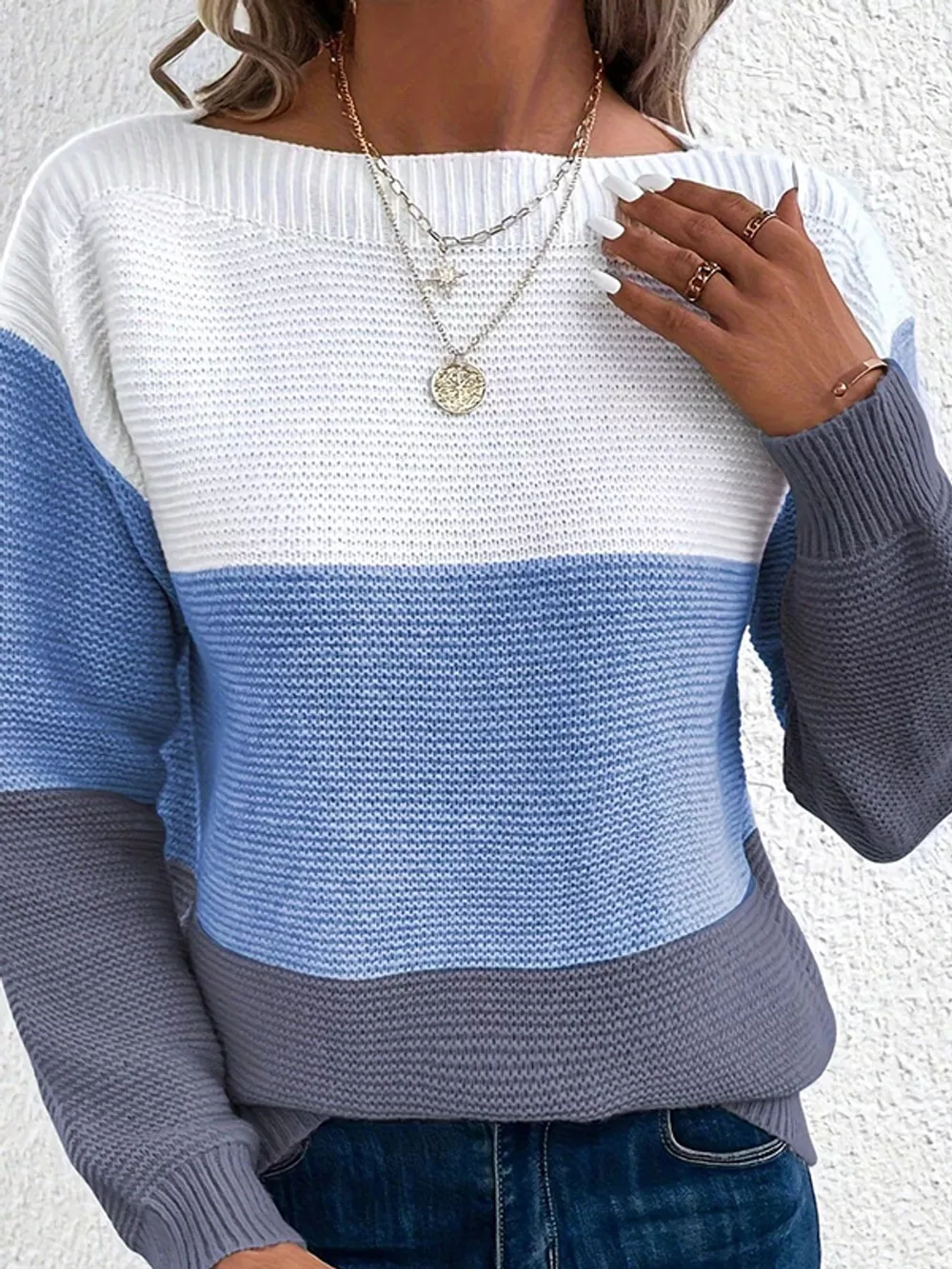 Full Size Color-Block Boat Neck Sweater Plus Size, image 7