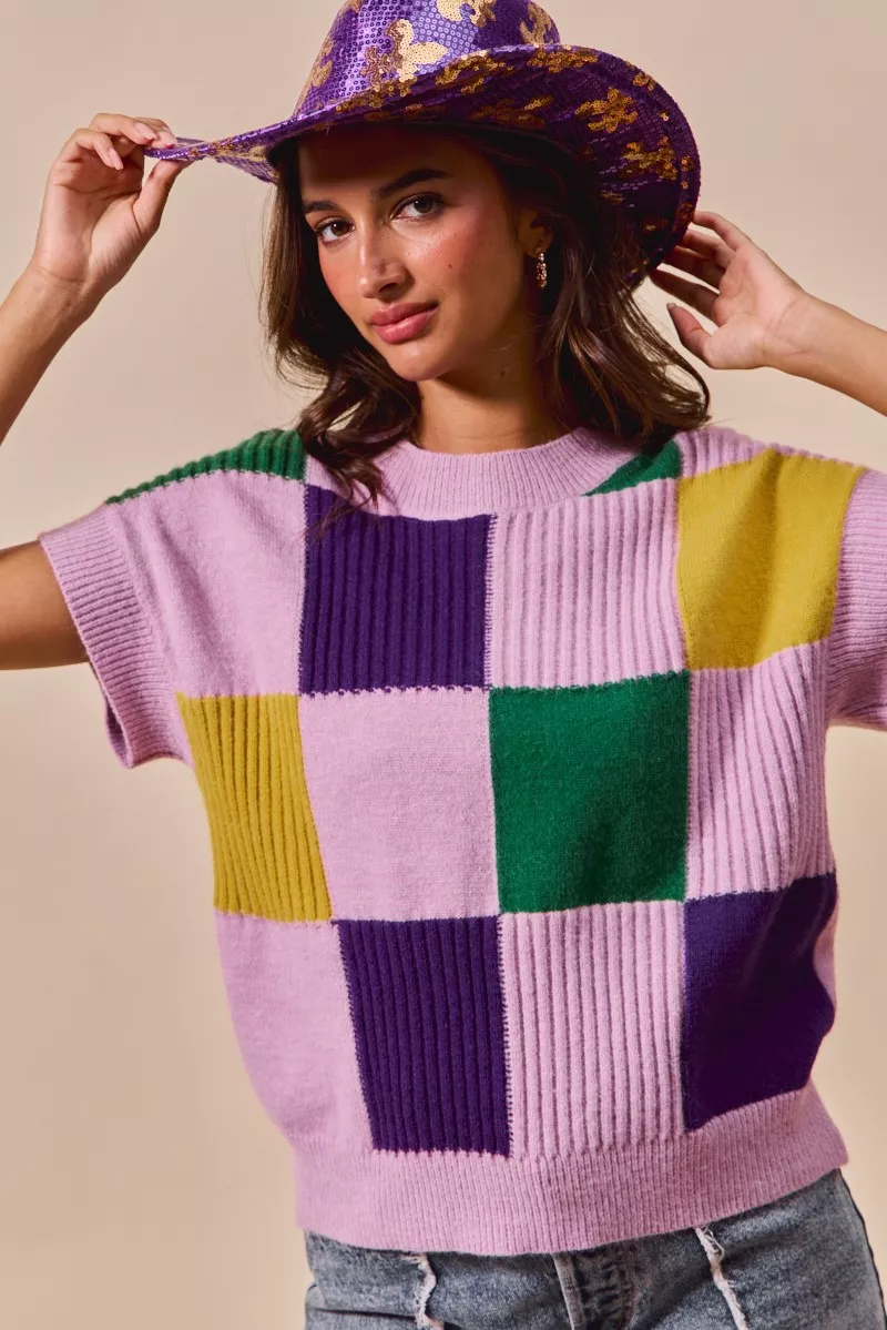 Mardi Gras Check Plaid Casual Sweater Top, image 13