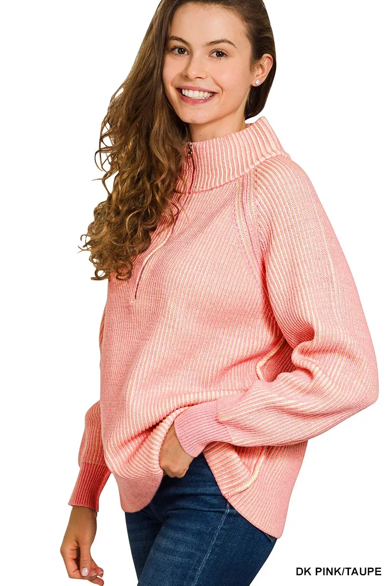 Ribbed Two Tone Half Zip Sweater, image 2