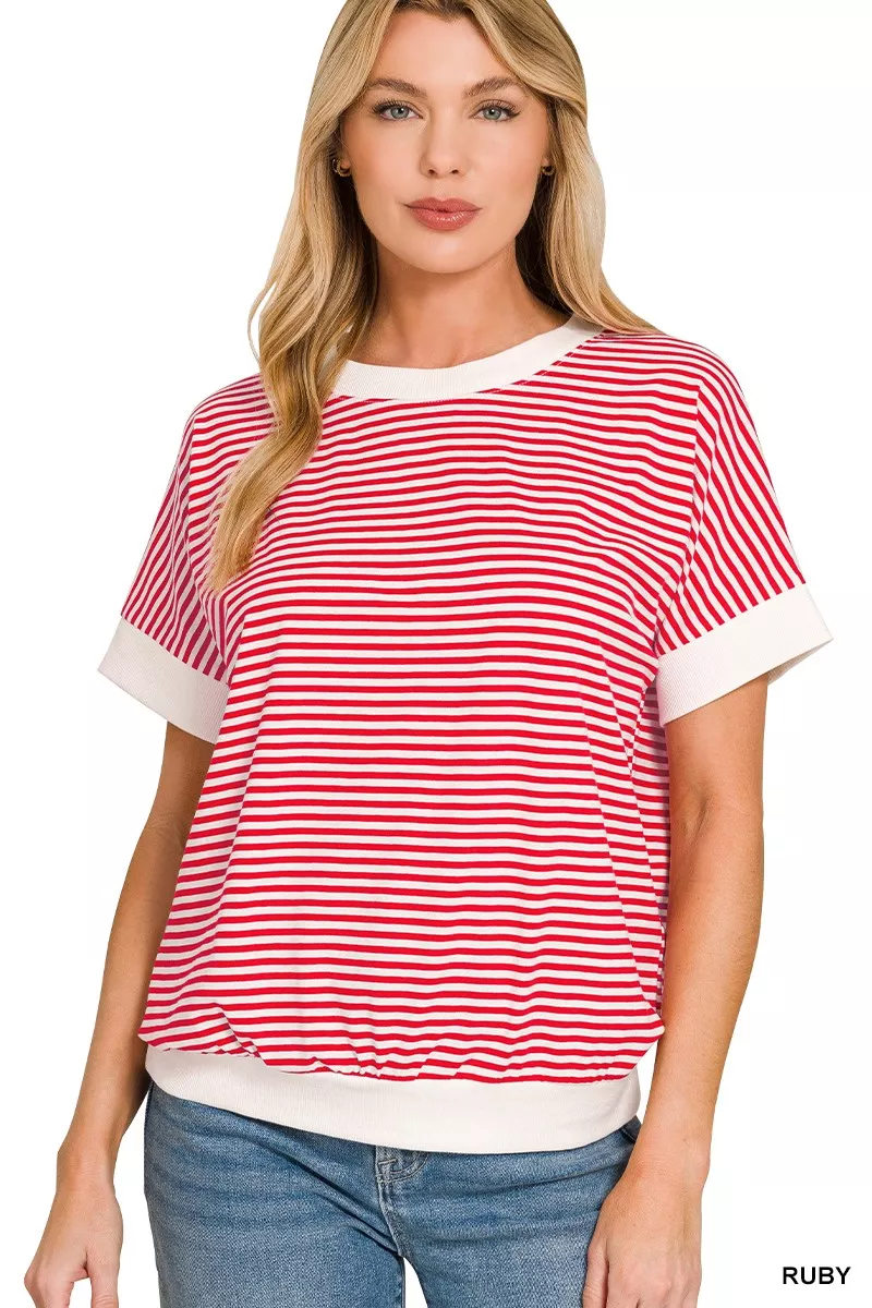 Stripe Contrast Trim Banded Bottom Top