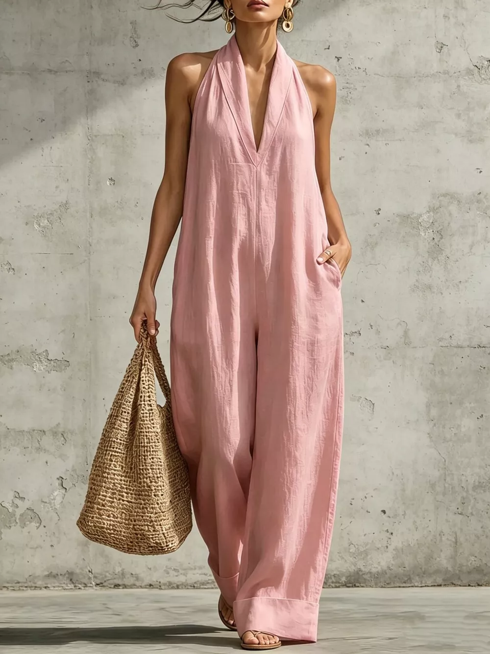 Full Size Halter Neck Wide-Leg Jumpsuit Plus Size, image 9