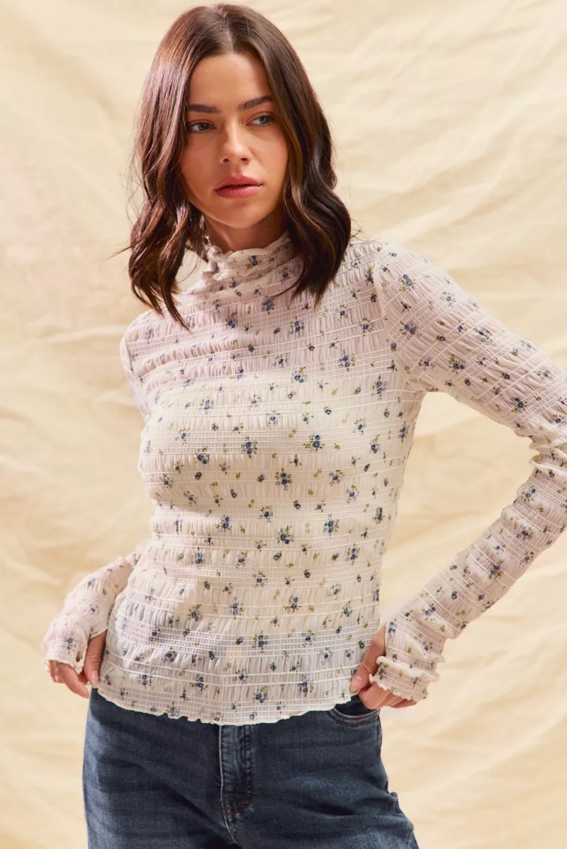 Floral Print Textured Long Sleeve Knit Top, image 7
