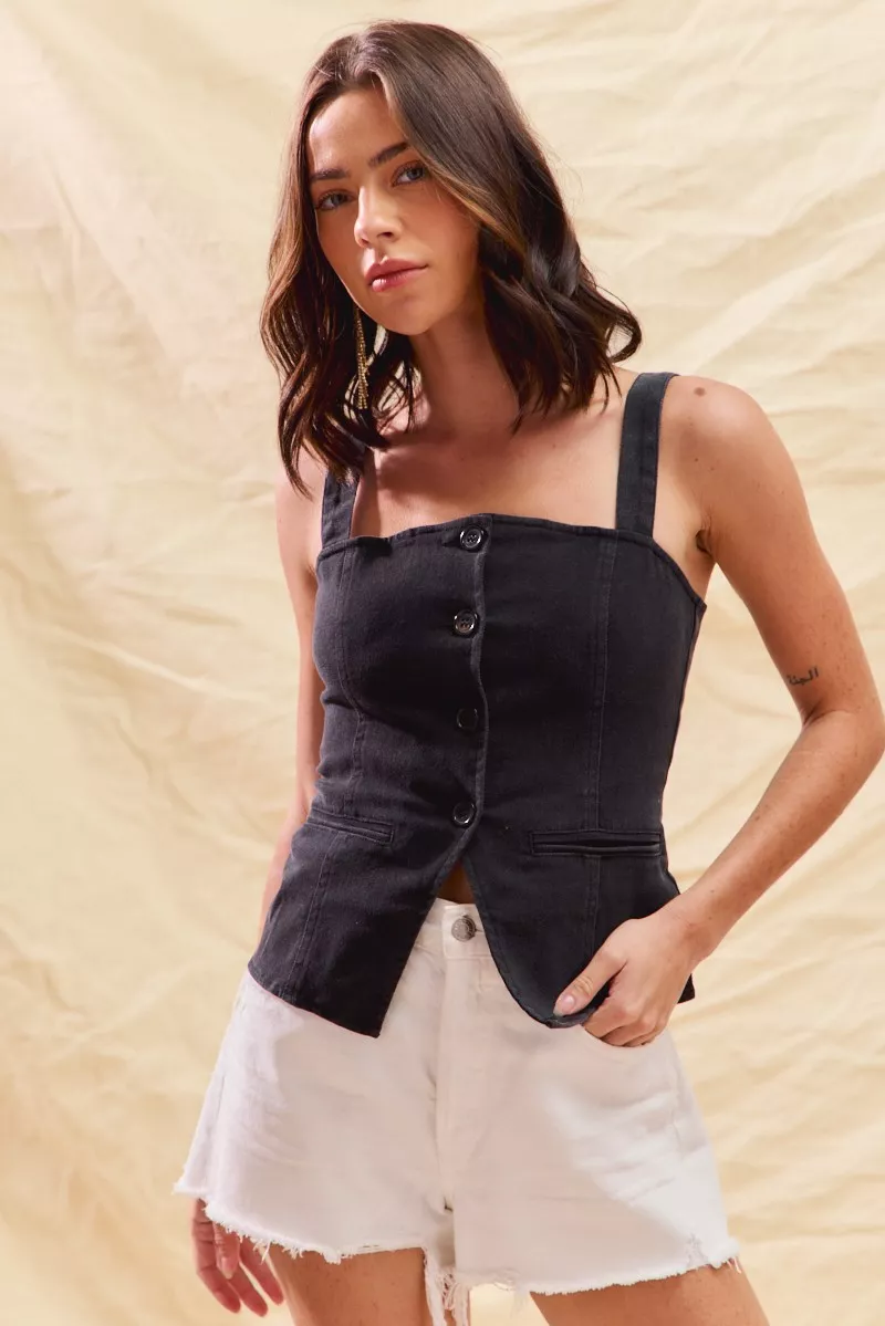 Button Down Sleeveless Game Day Fitted Denim Top, image 7