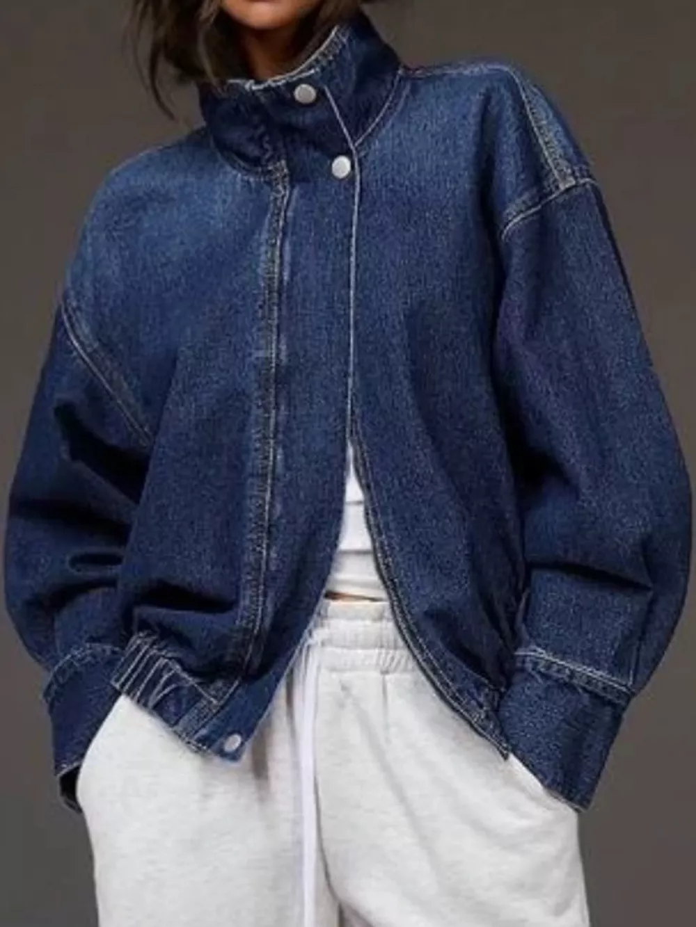 Stand-Collar Zip-Up Denim Jacket