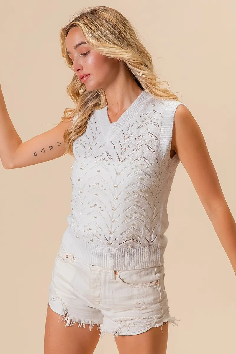 Chevron Pointelle Pearl Knit Top, image 7