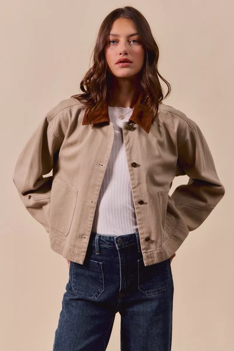 Cotton Twill Cropped Barn Jacket wtih Collar, image 6