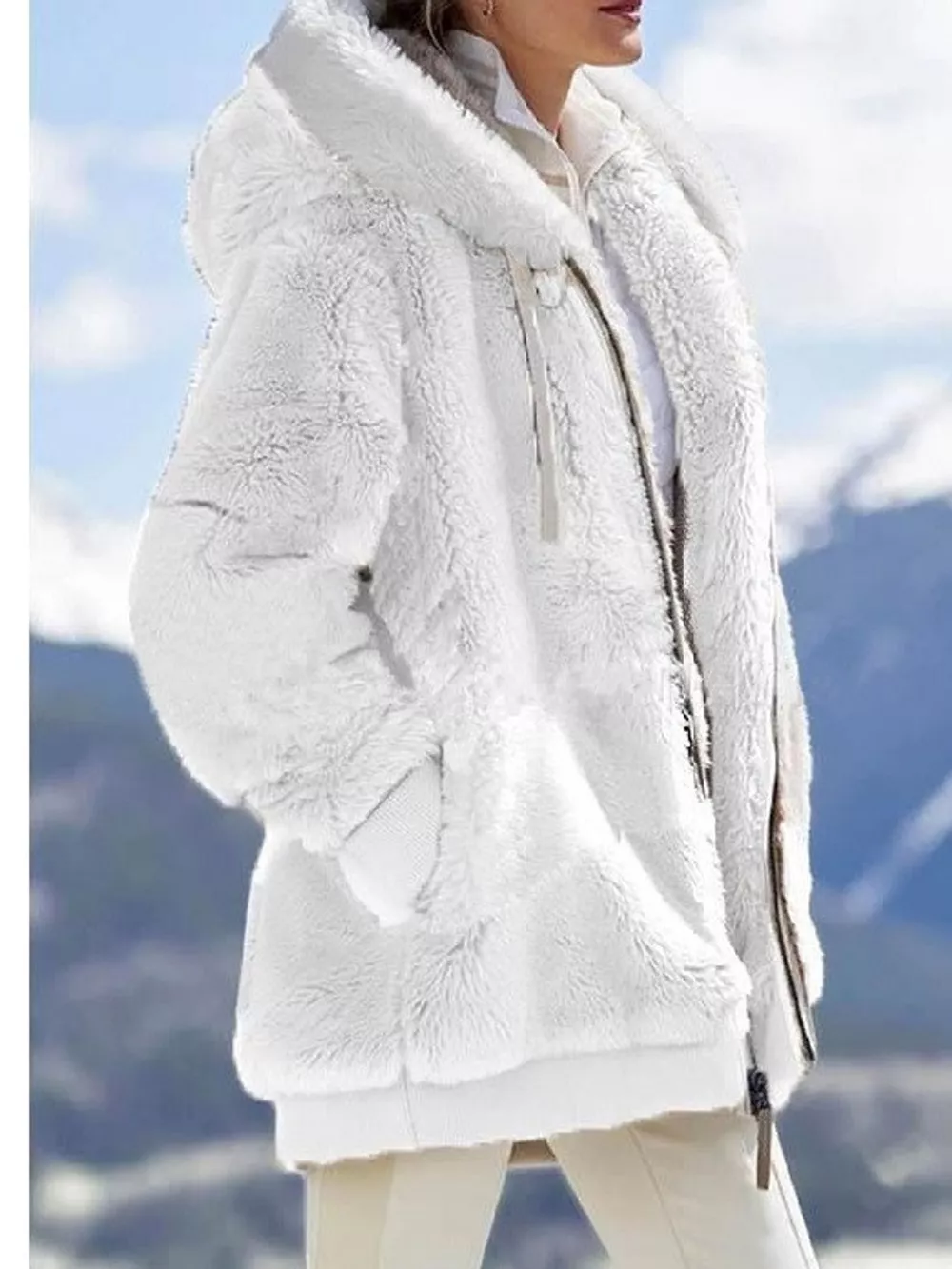 Full Size Faux Fur Zip Up Hooded Outerwear Plus Size