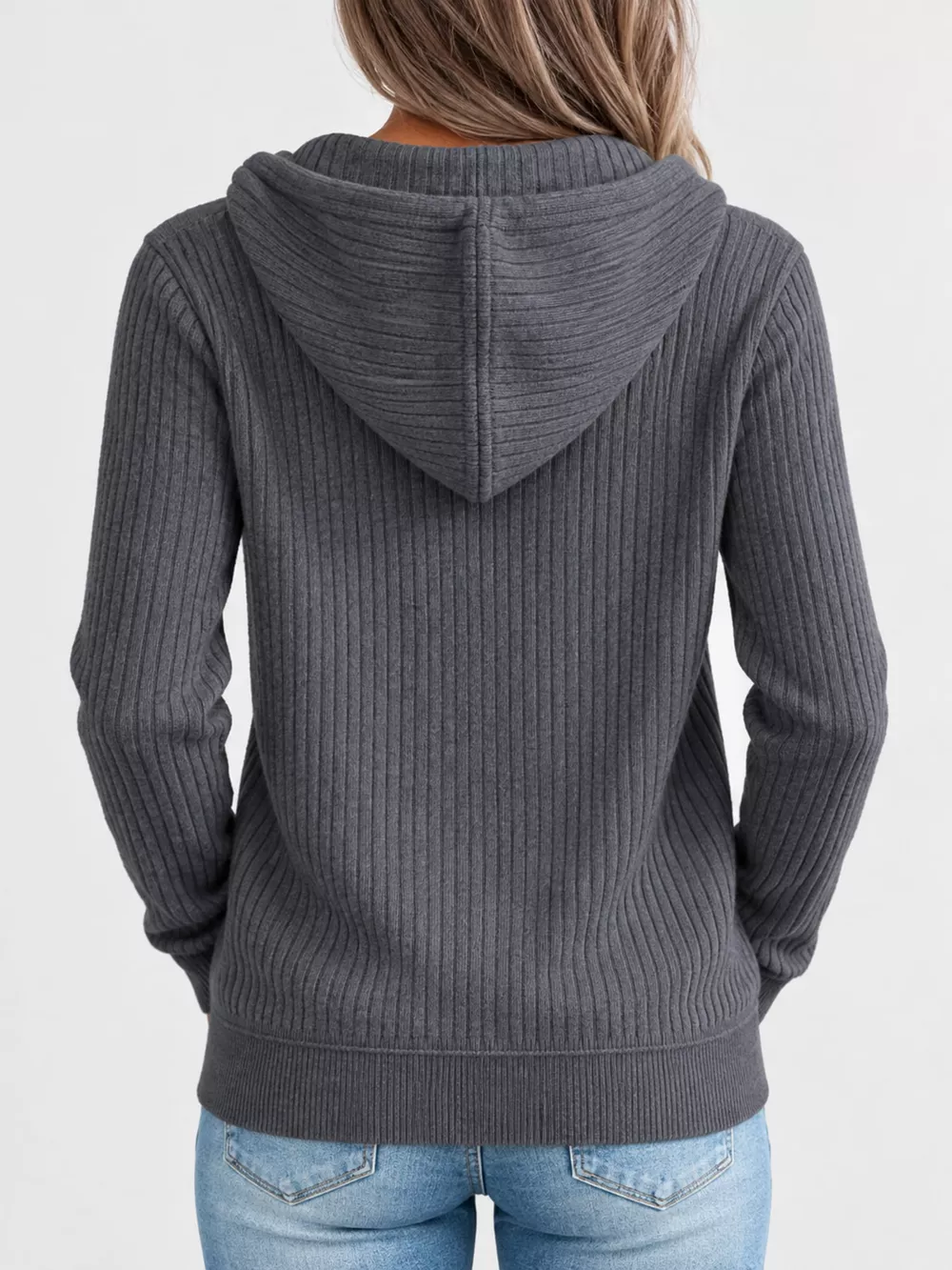 Full Size Ribbed Knit Zip-Up Hooded Cardigan Plus Size, image 9