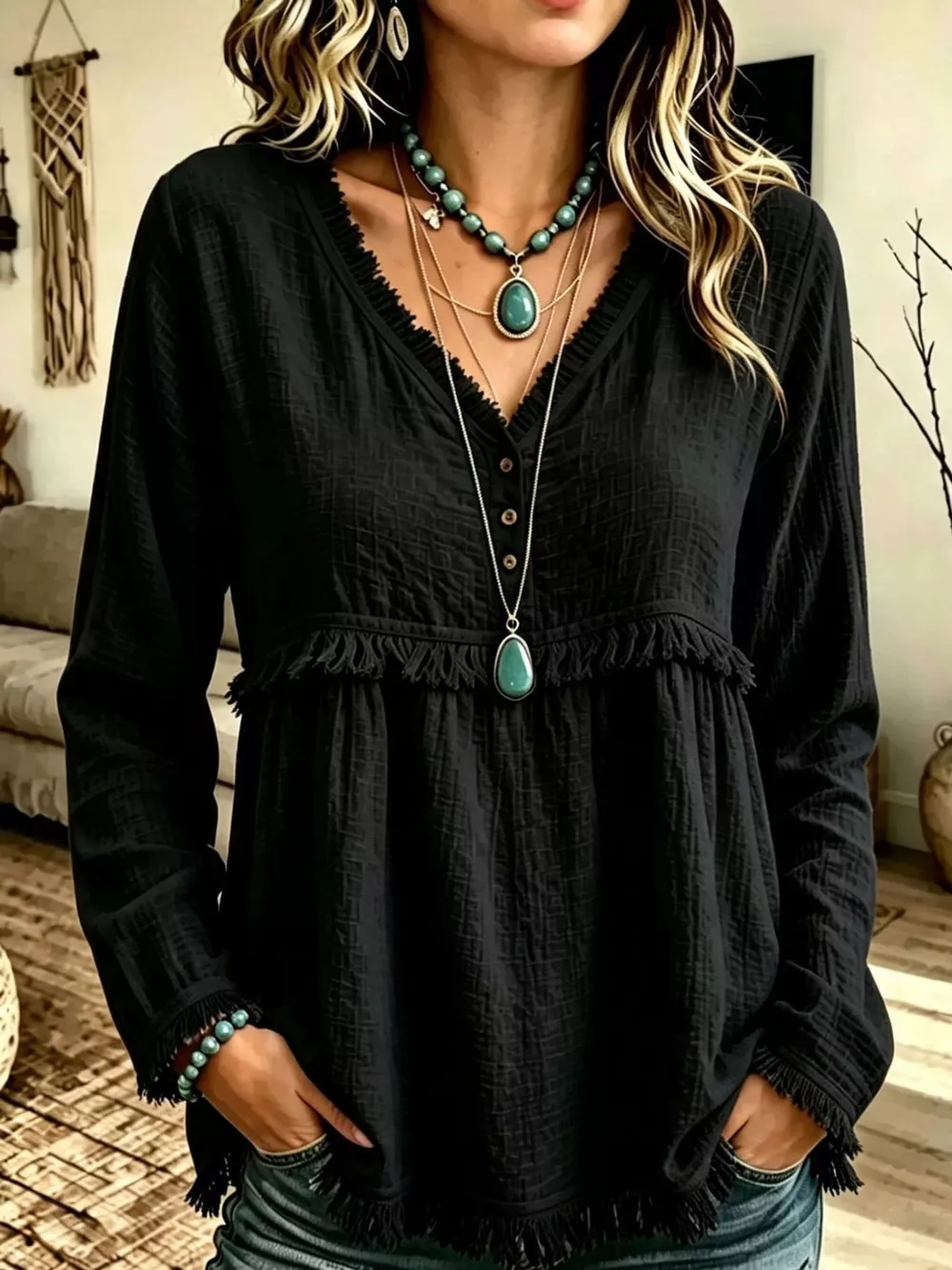Full Size Fringed Trim V-Neck Long Sleeve Blouse Plus Size, image 22