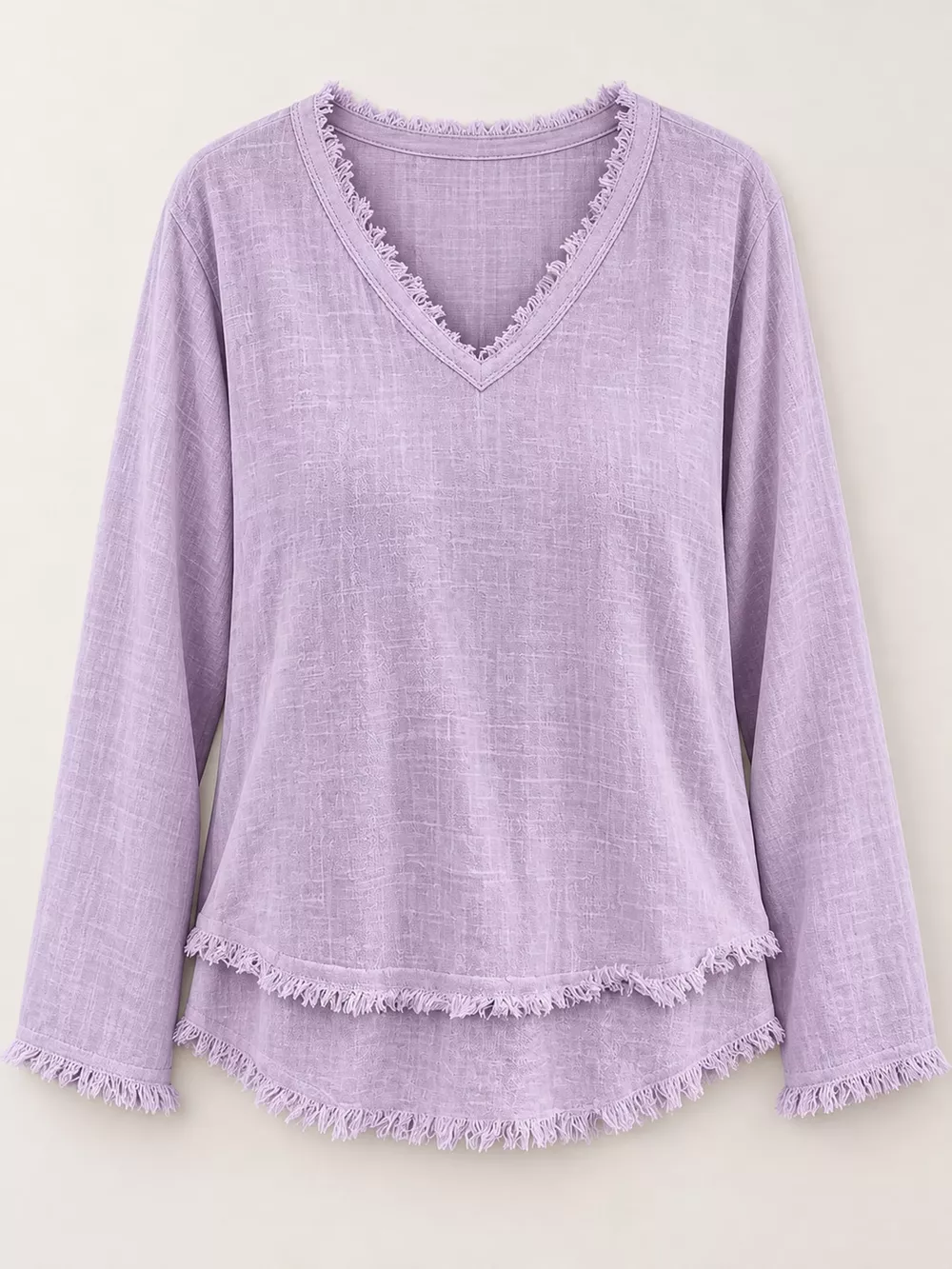 Full Size Frayed Hem V-Neck Long Sleeve Blouse Plus Size, image 55