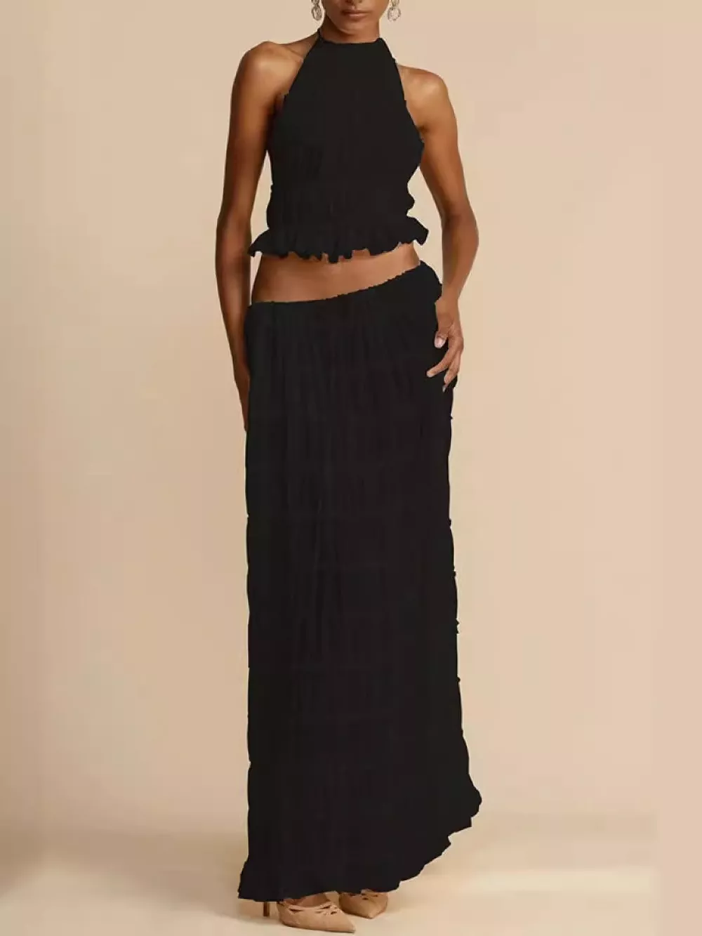 Boho Chic Ruffled Halter Crop Top and Maxi Skirt Set, image 23