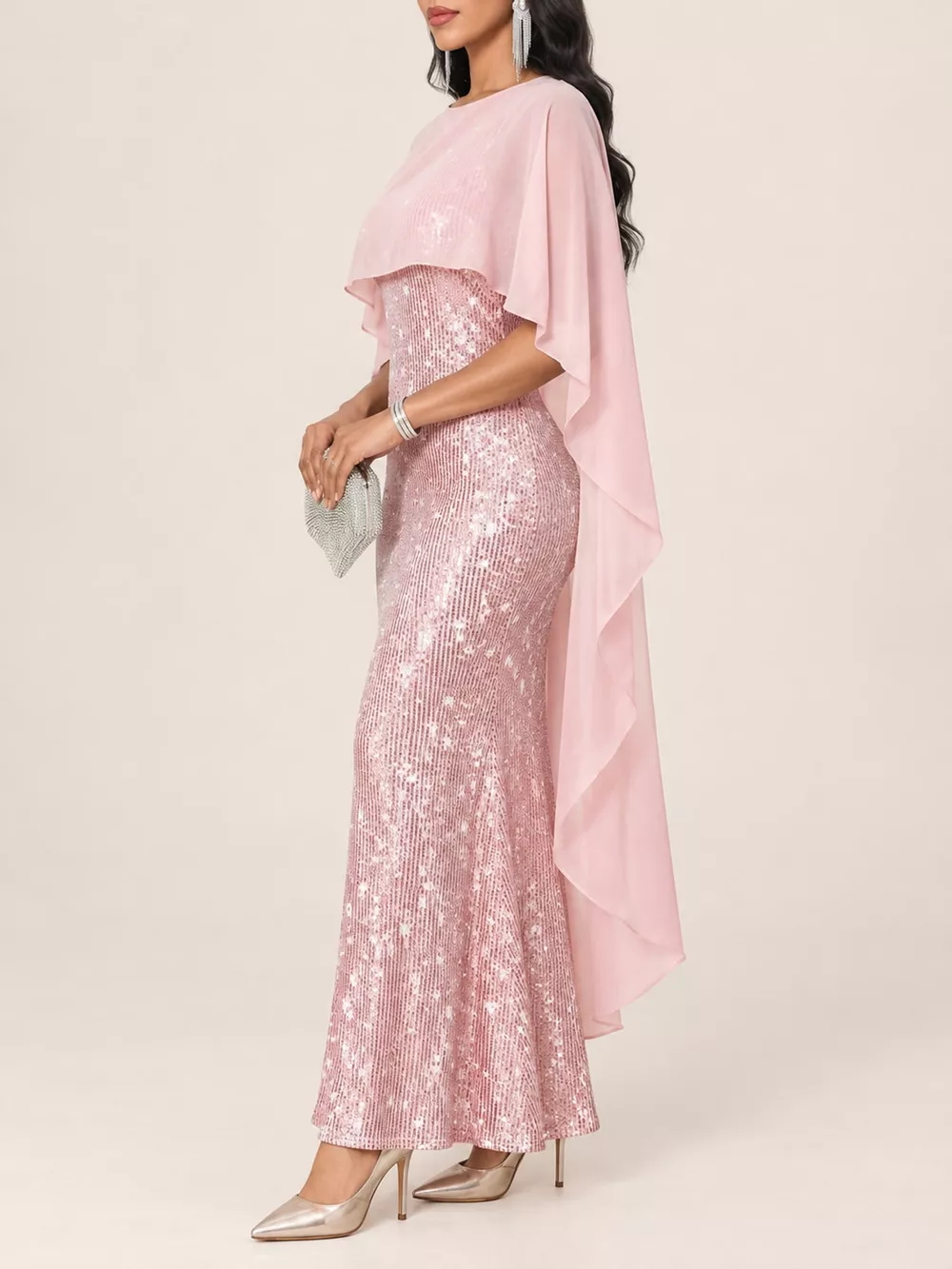 Sequin Cape Overlay Evening Dress, image 5