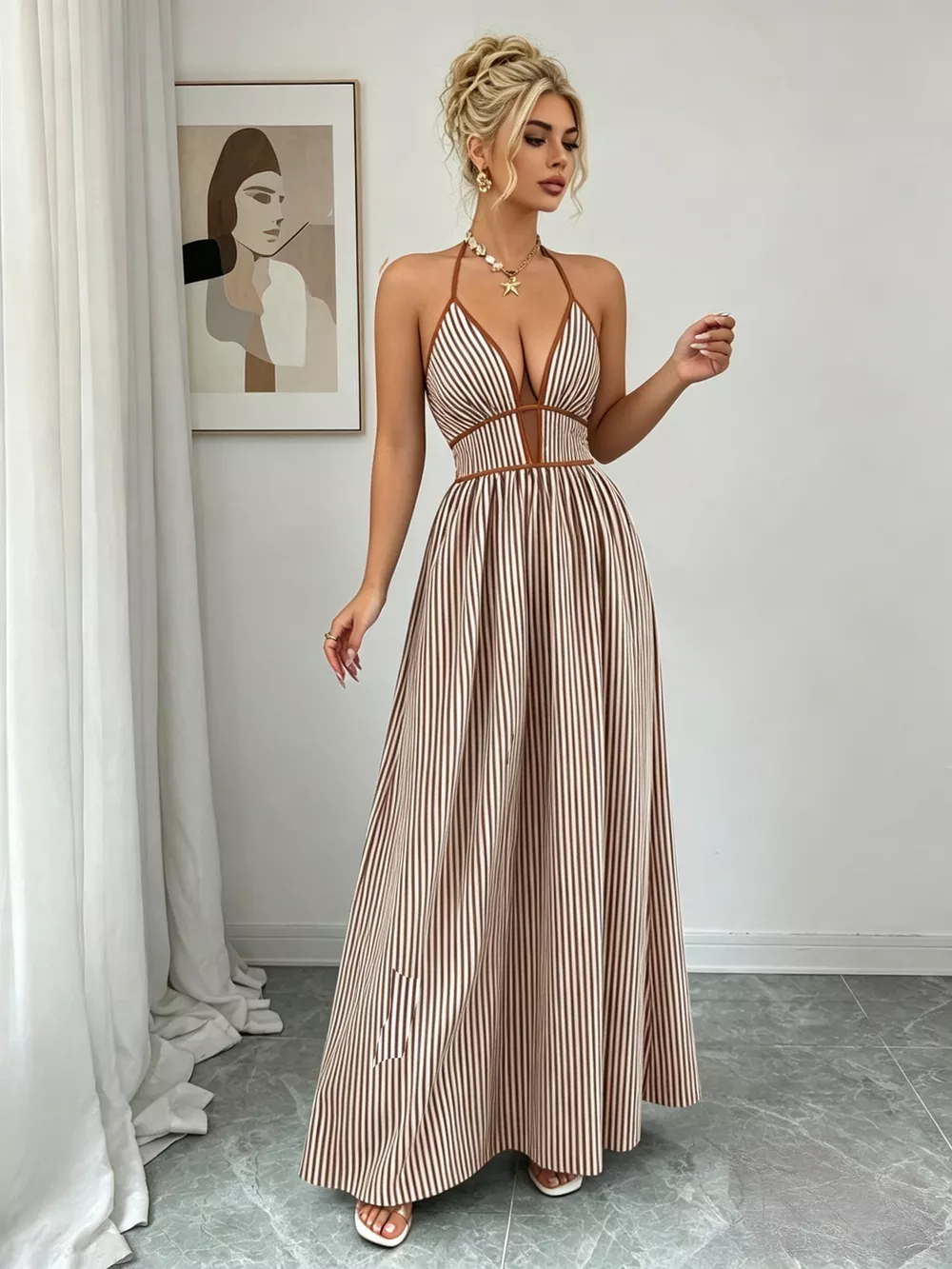 Striped Halter Neck Maxi Dress, image 7