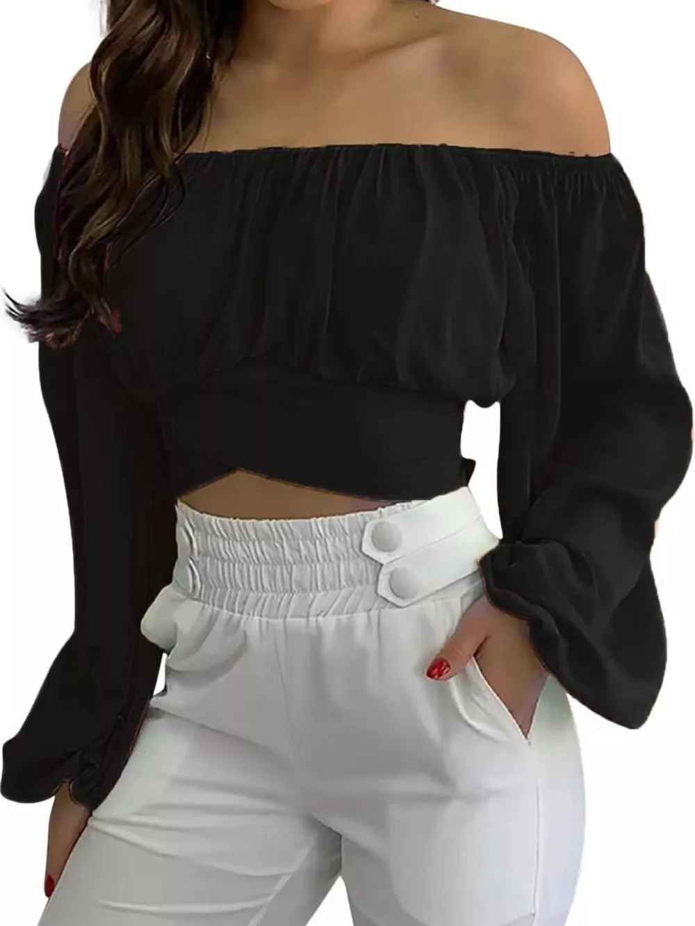 Off-Shoulder Long Sleeve Cropped Blouse, image 15
