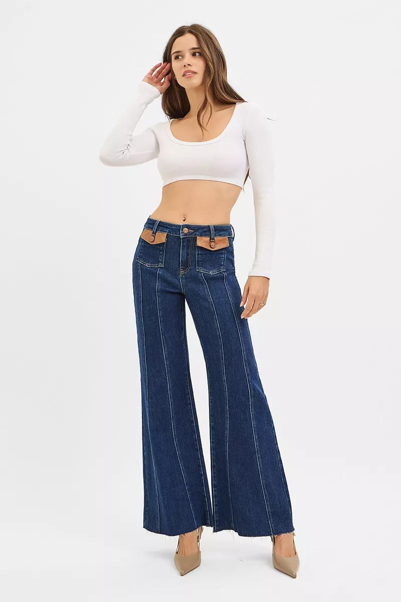 High Rise Wide Flare Jeans with Front Leather Pocket Detail, image 6