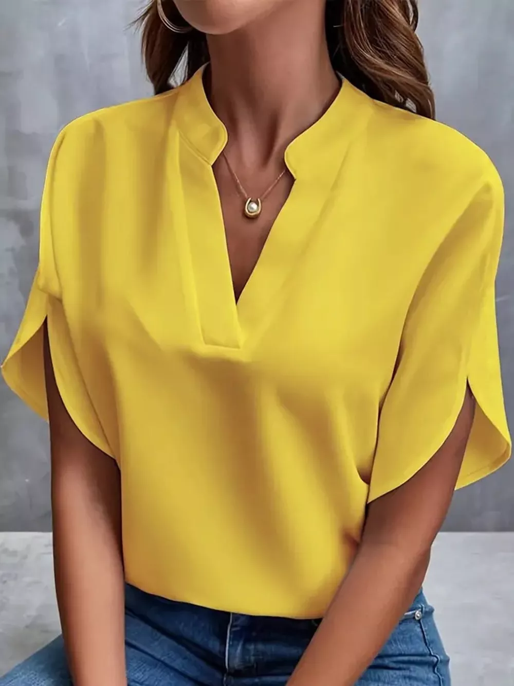 Notched Slit Short Sleeve Blouse, image 26