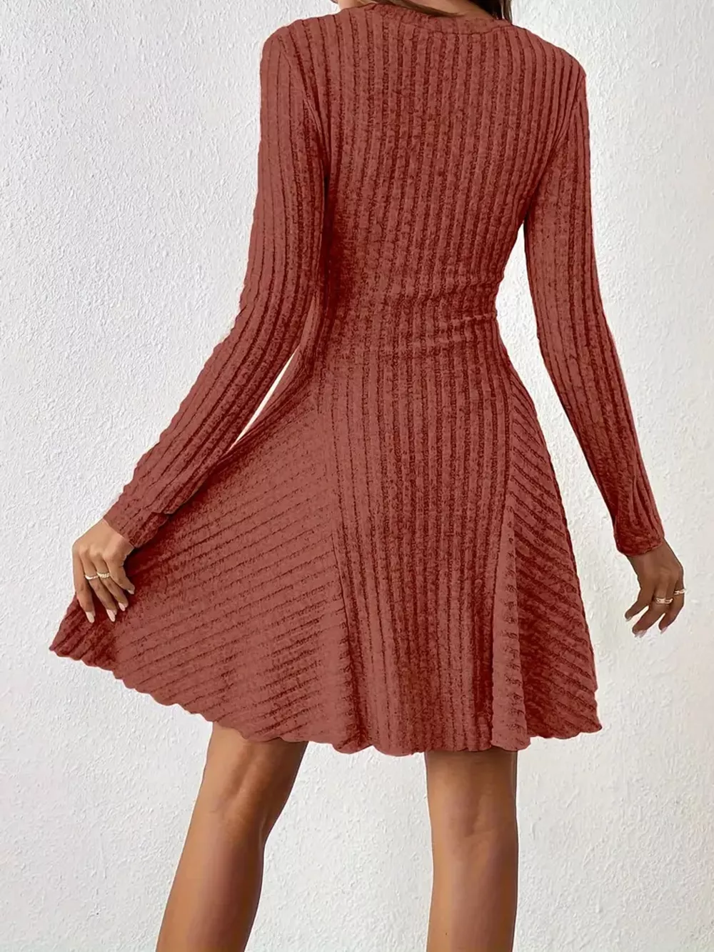 V-Neck Ribbed Knit A-Line Dress, image 19
