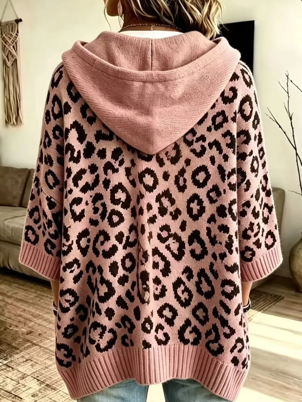 Full Size Leopard Print Hooded Knit Sweater Plus Size, image 3
