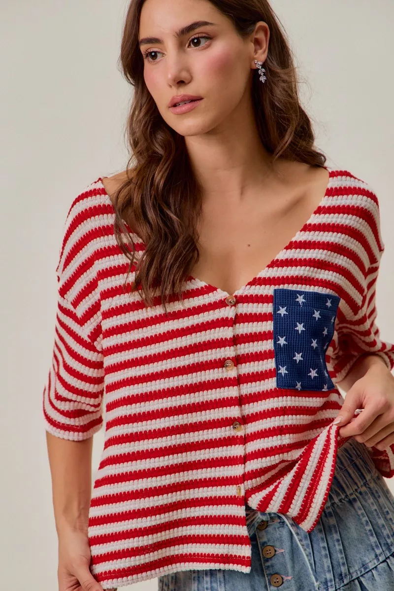 Stripe Waffle Knit Fourth Of July Cardigan Top