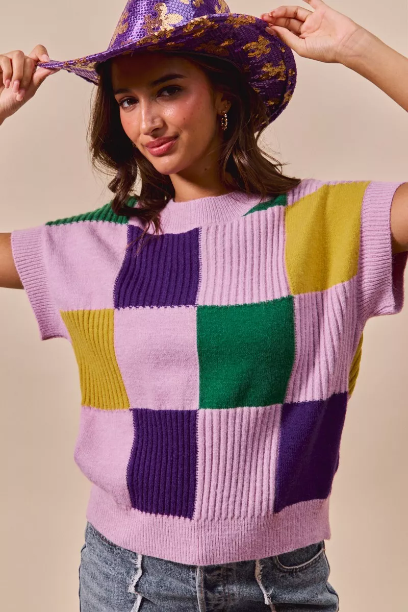 Mardi Gras Check Plaid Casual Sweater Top, image 9