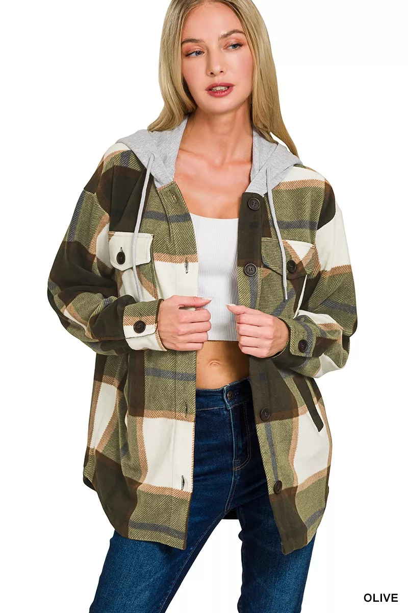Plaid Drawstring Hooded Fleece Shacket, image 2