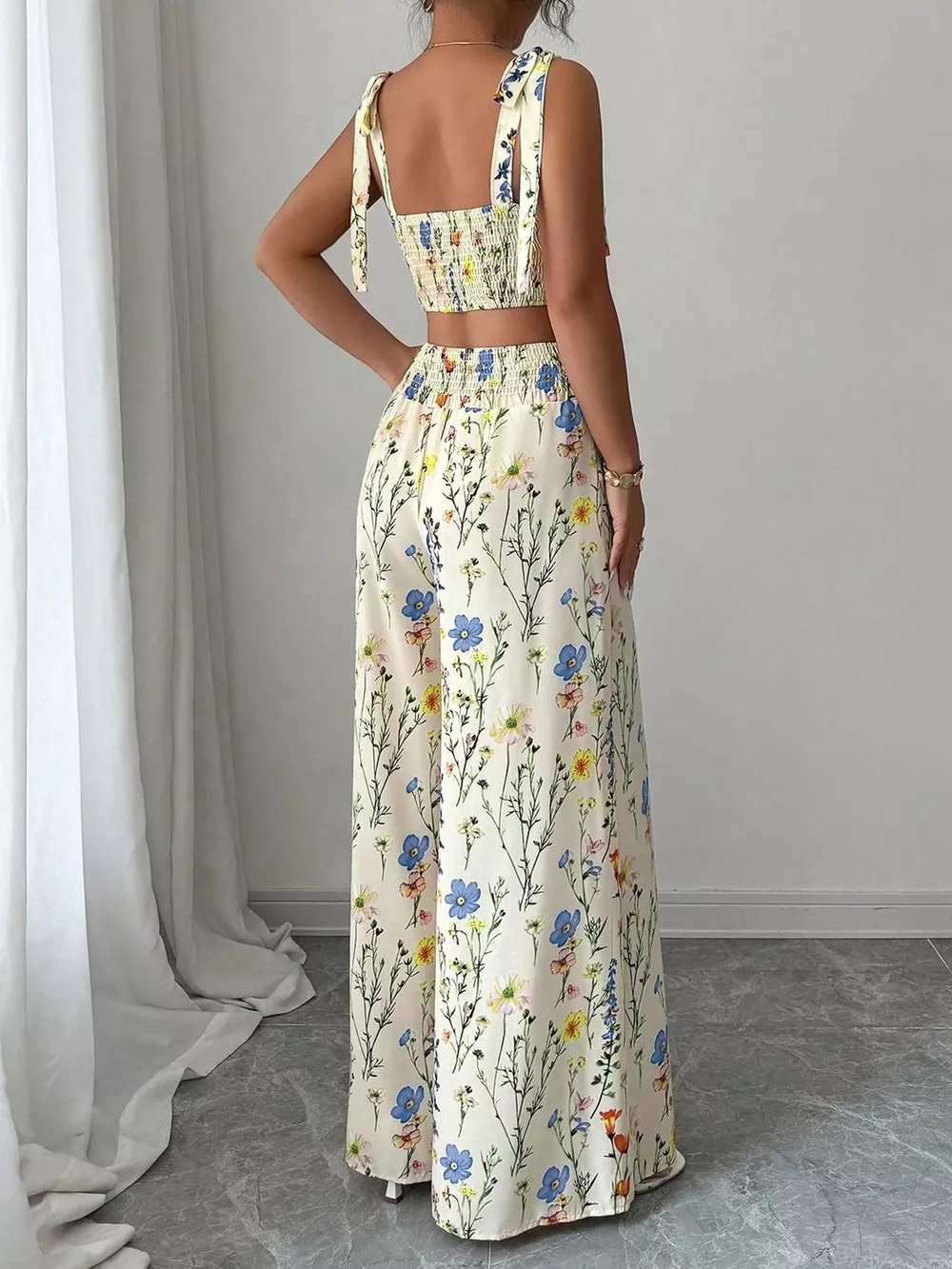 Floral Print Tie-Shoulder Crop Top & Wide Leg Pants Set, image 2