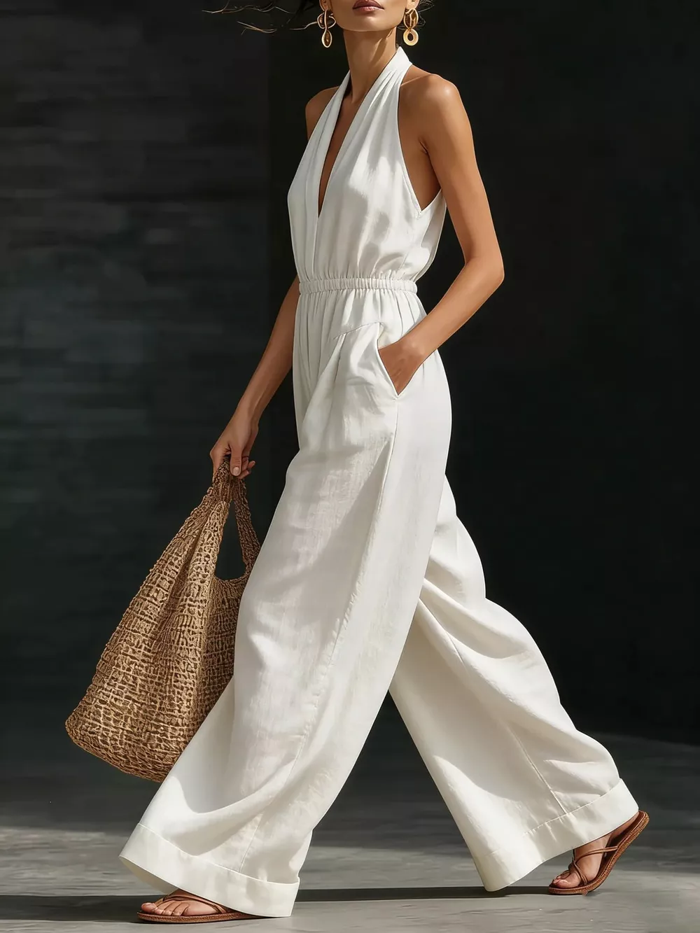 Full Size Halter Neck Wide-Leg Jumpsuit Plus Size, image 3