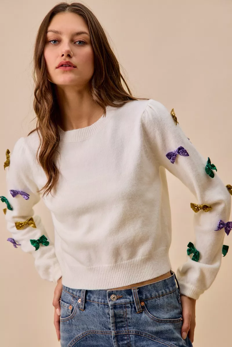 Mardi Gras Glitter Bow Ribbon Sweater Knit Top, image 25