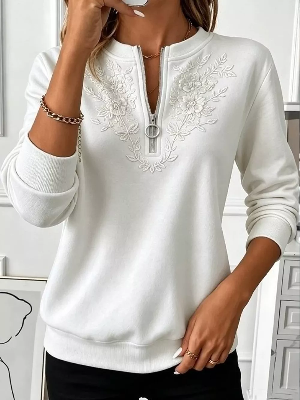 Floral Embroidered Quarter-Zip Sweatshirt, image 8