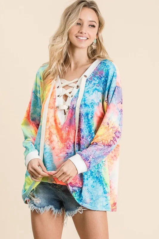 Tie Dye Deep V-neck Top With Lace Up Front, image 11