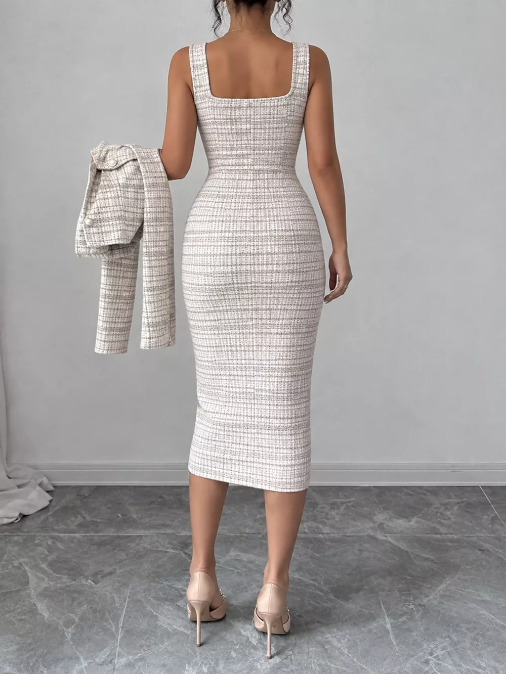 Tweed Square Neck Dress and Cardigan Set, image 15