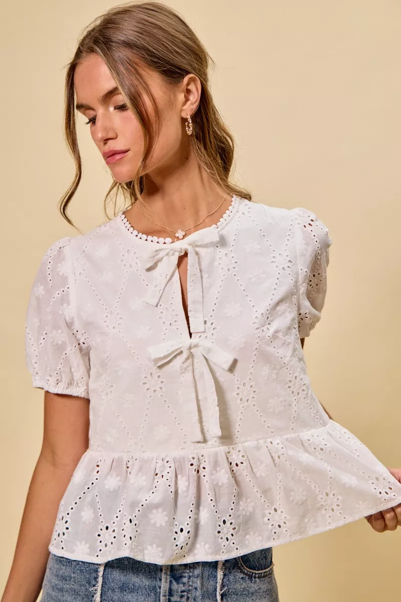 Cotton Eyelet Front Tie Short Sleeves Blouse, image 20