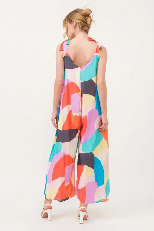 Tied Shoulder Straps Wide-Leg Geo Print Jumpsuit, image 7