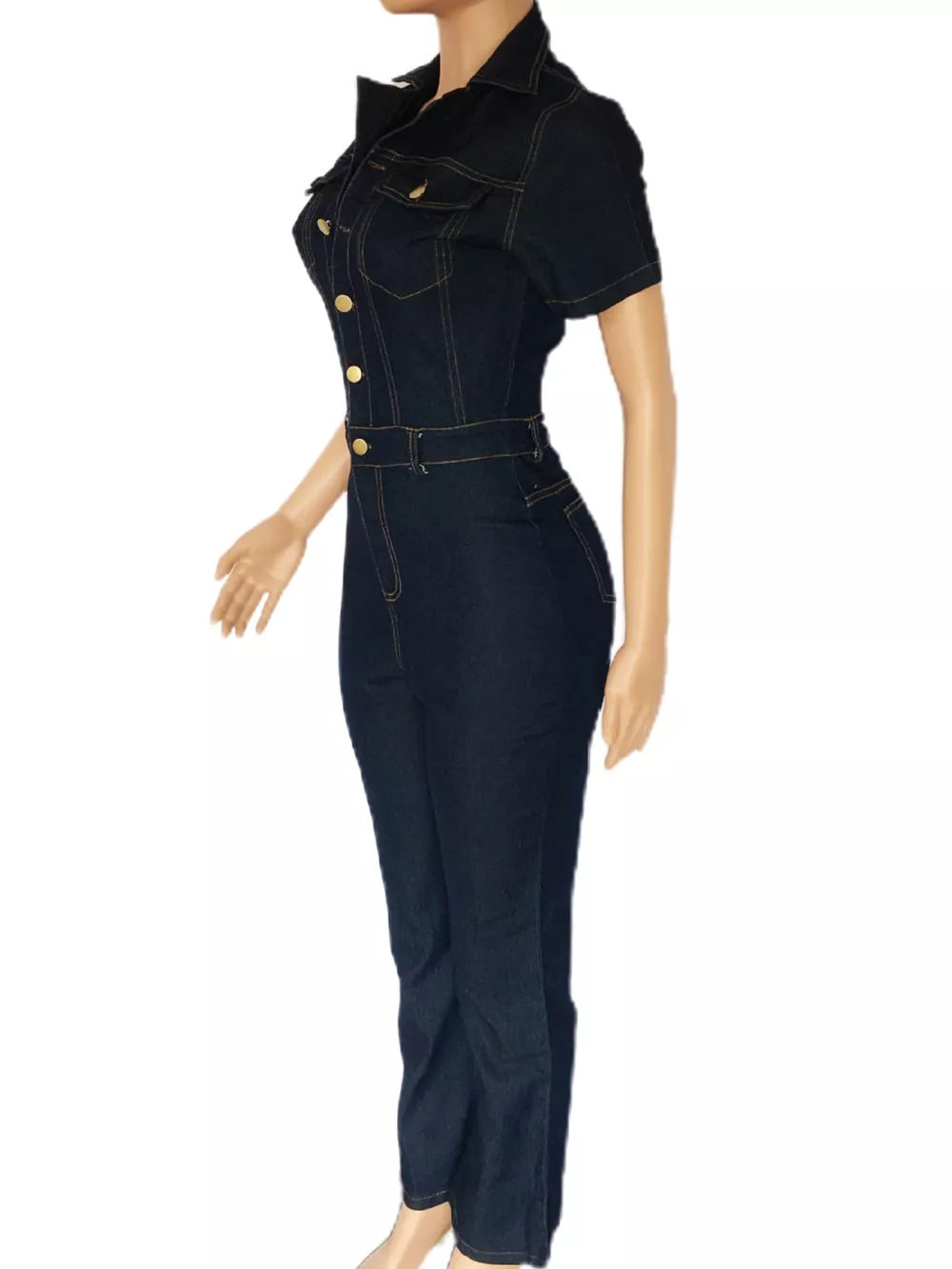 Full Size Short Sleeve Button-Down Denim Jumpsuit Plus Size, image 2