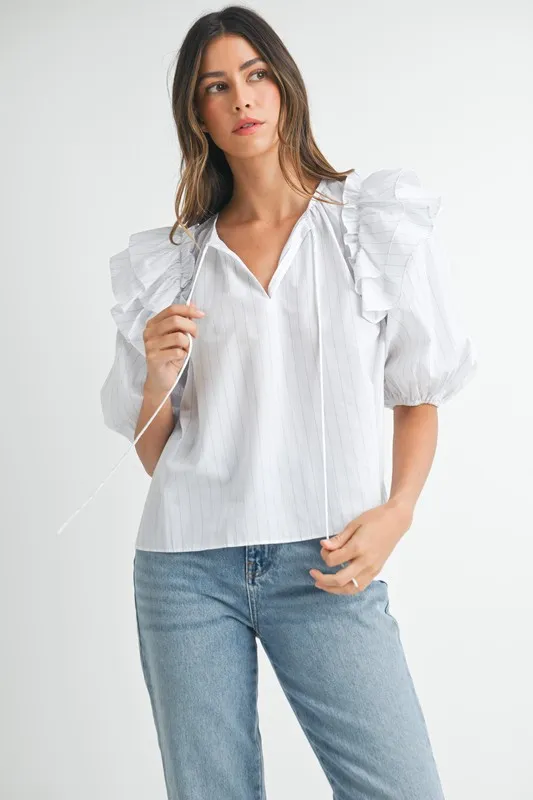 Stripe Ruffle Shoulder Puff Sleeve Blouse, image 7