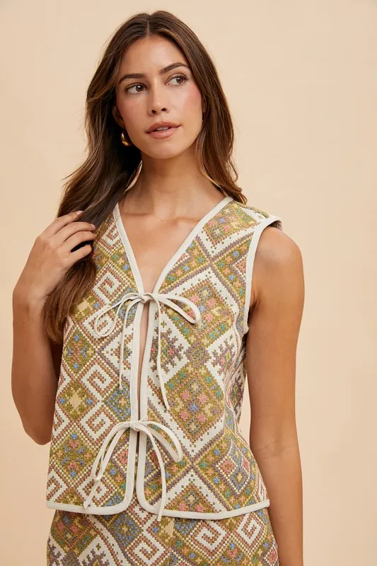 Ethnic Woven Jacquard Tie Front Vest, image 2