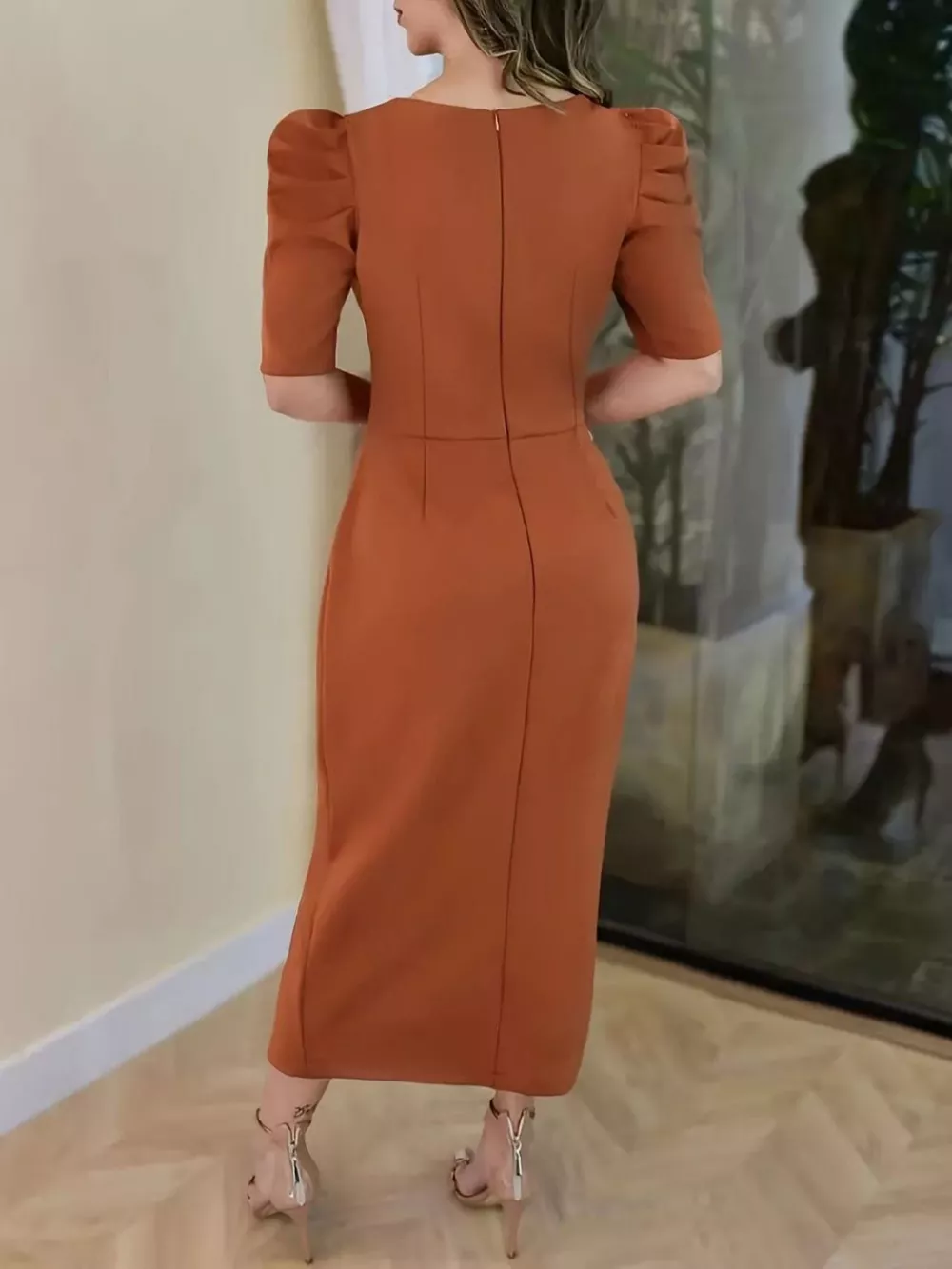 Floral Short Sleeve Ruched Bodycon Midi Dress, image 5