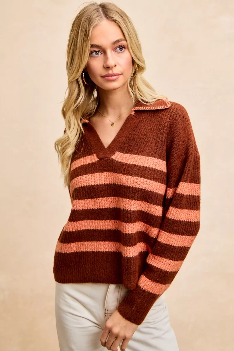 Striped Sweater Top with Collar Stitched Details, image 7