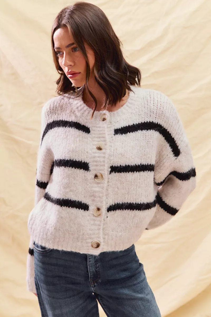 Stripe Soft Touch Button Cozy Sweater Cardigan, image 12