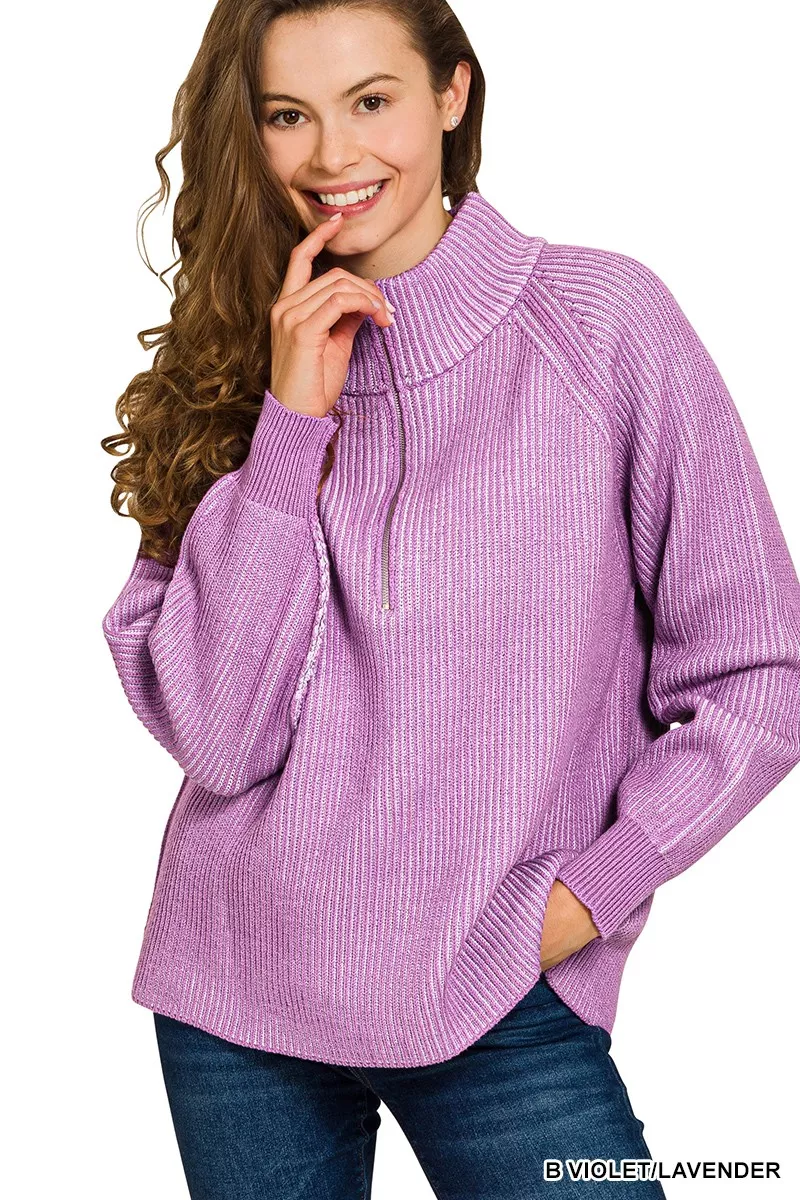 Ribbed Two Tone Half Zip Sweater, image 2