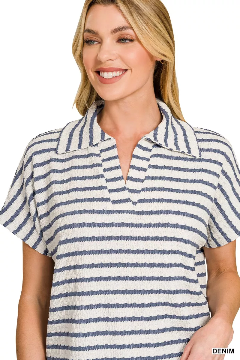 Striped Split Neck Collared Top, image 4