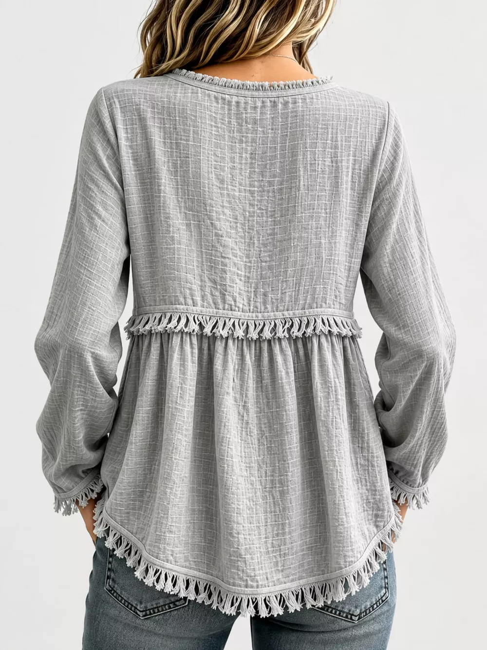 Full Size Fringed Trim V-Neck Long Sleeve Blouse Plus Size, image 61