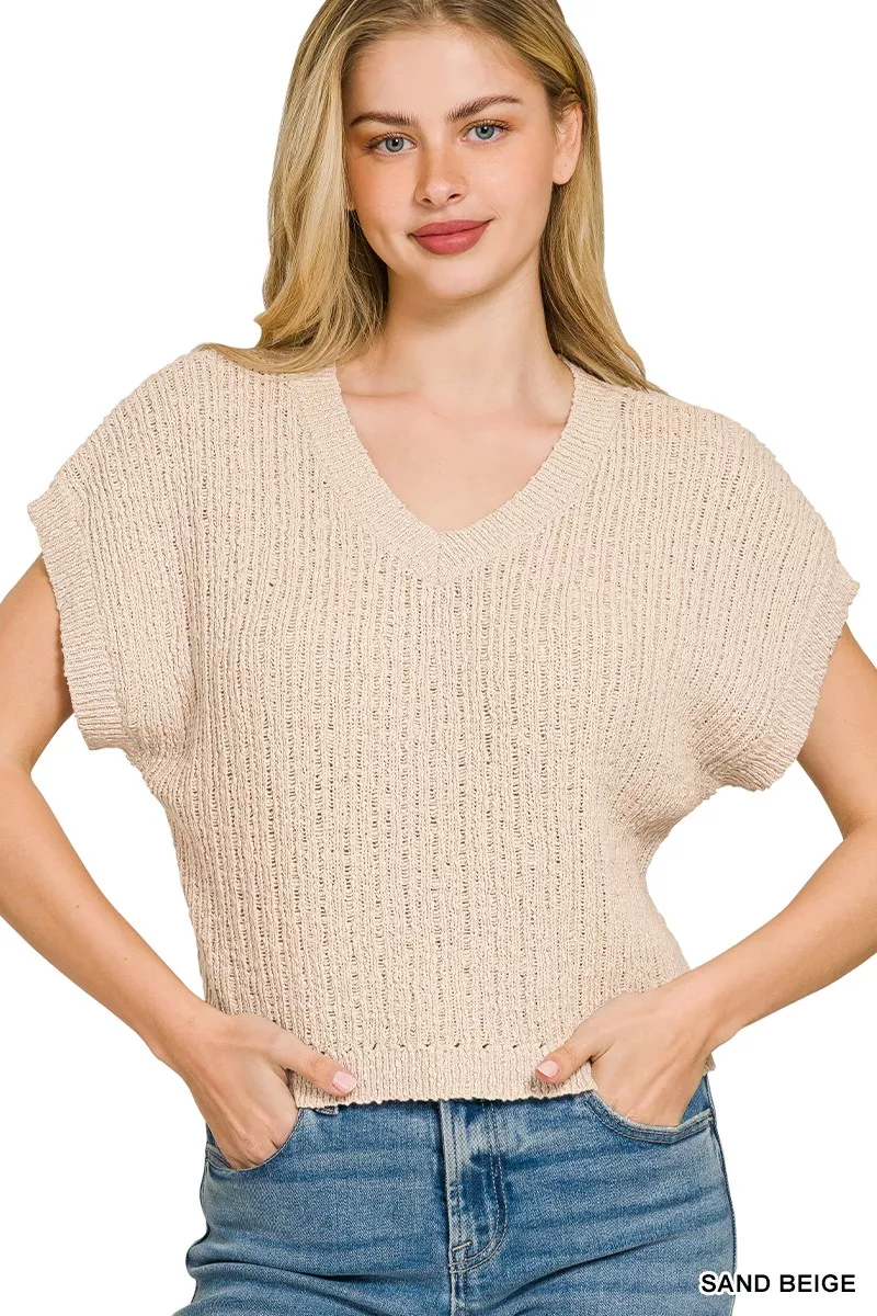 Textured Knit V-Neck Cropped Sweater