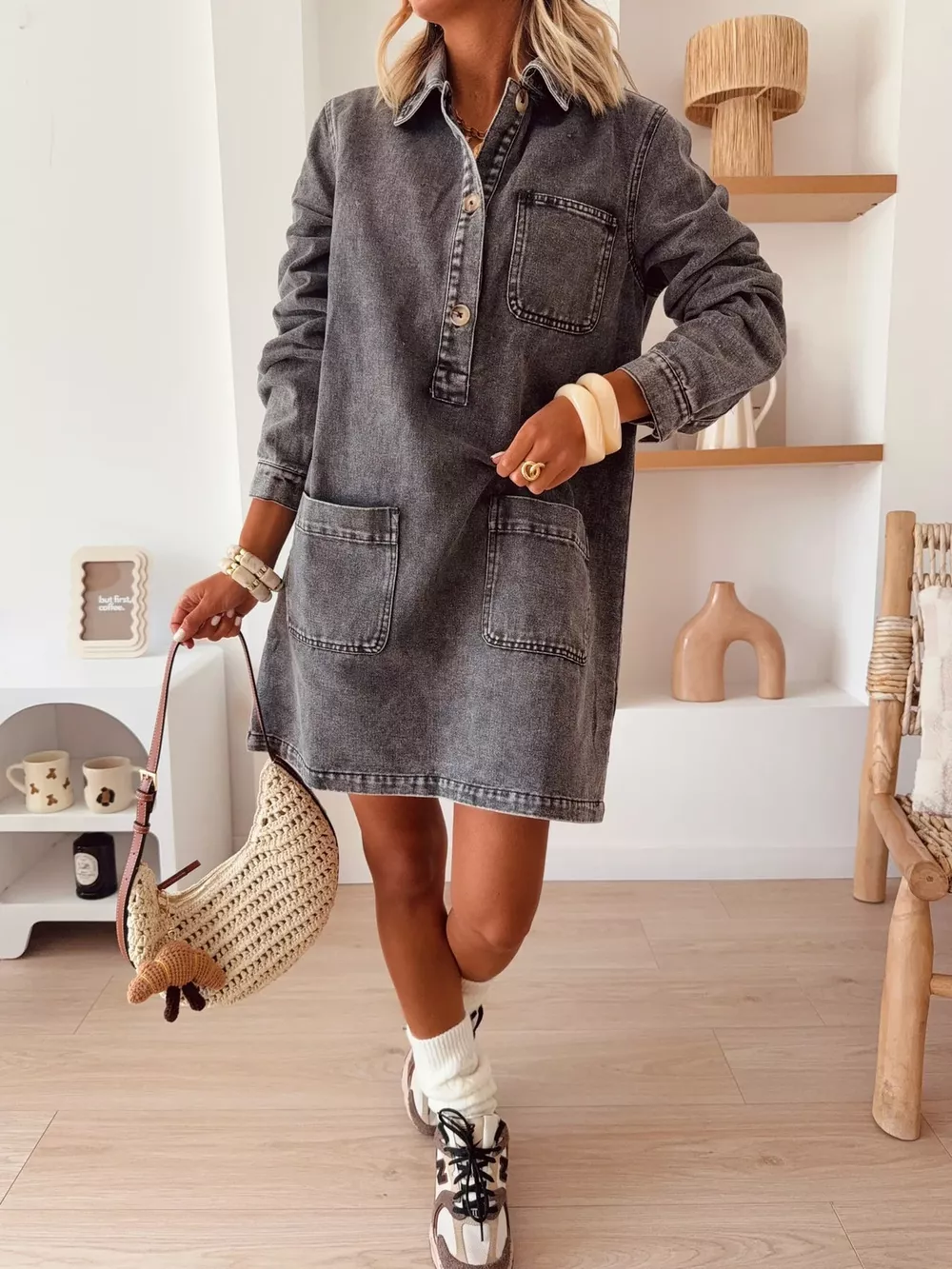 Button Front Denim Shirt Dress, image 2