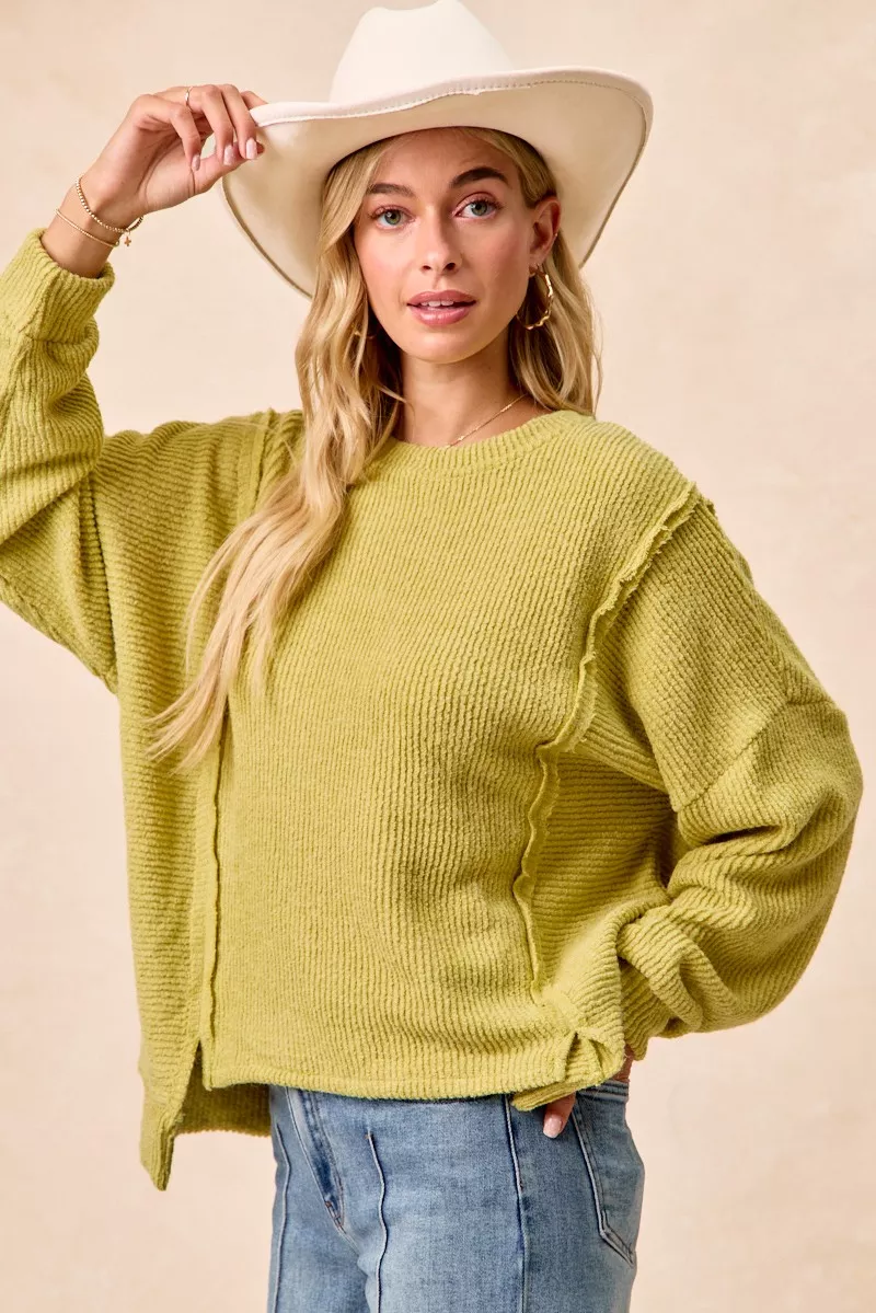 Boucle Rib Knit Uneven Hem Sweater With Open Seam, image 11