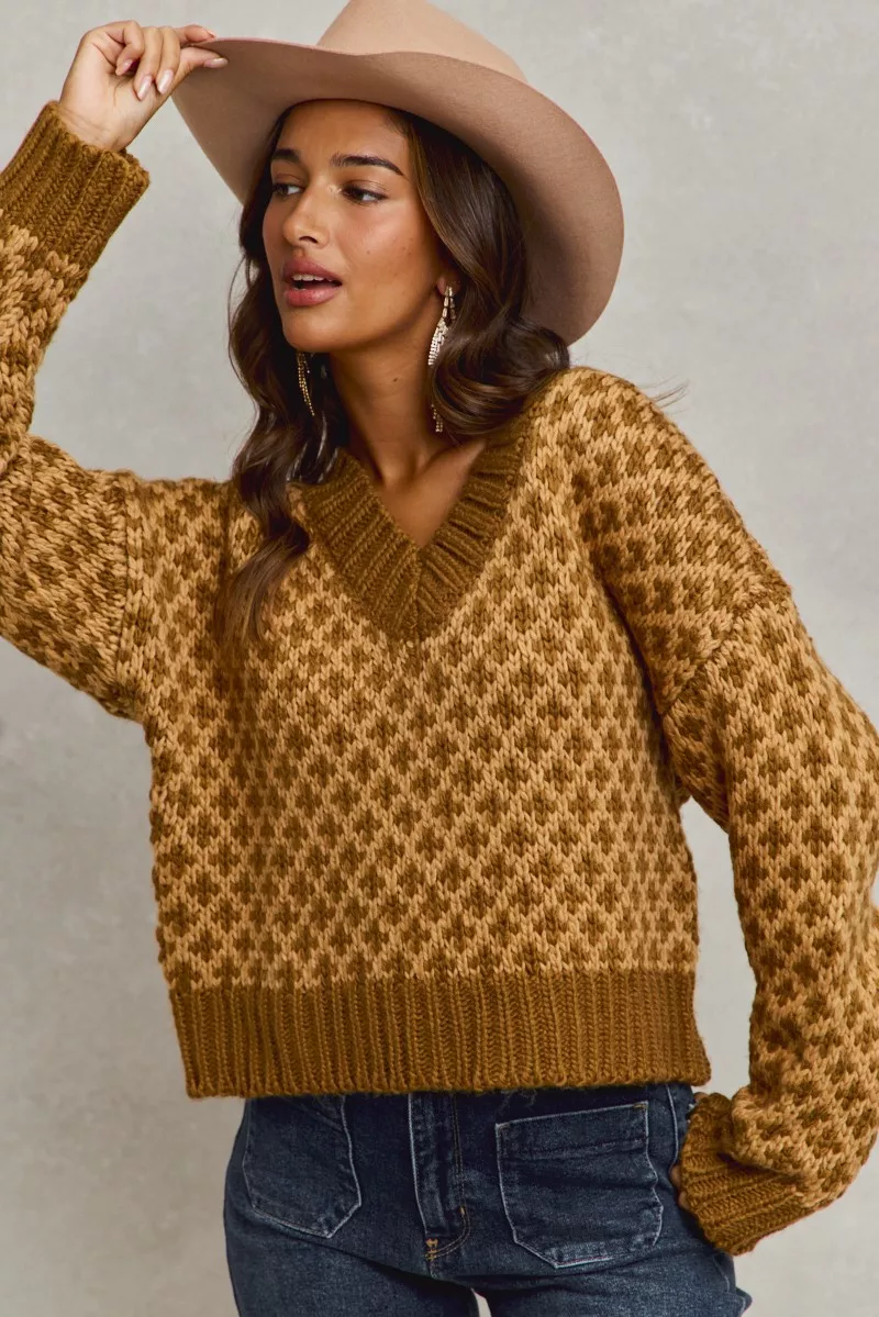 Color Block Textured Christmas Sweater V Neck Top, image 5