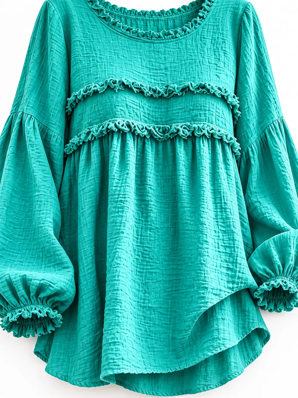 Full Size Boho Chic Textured Frayed Trim Peplum Blouse Plus Size, image 33