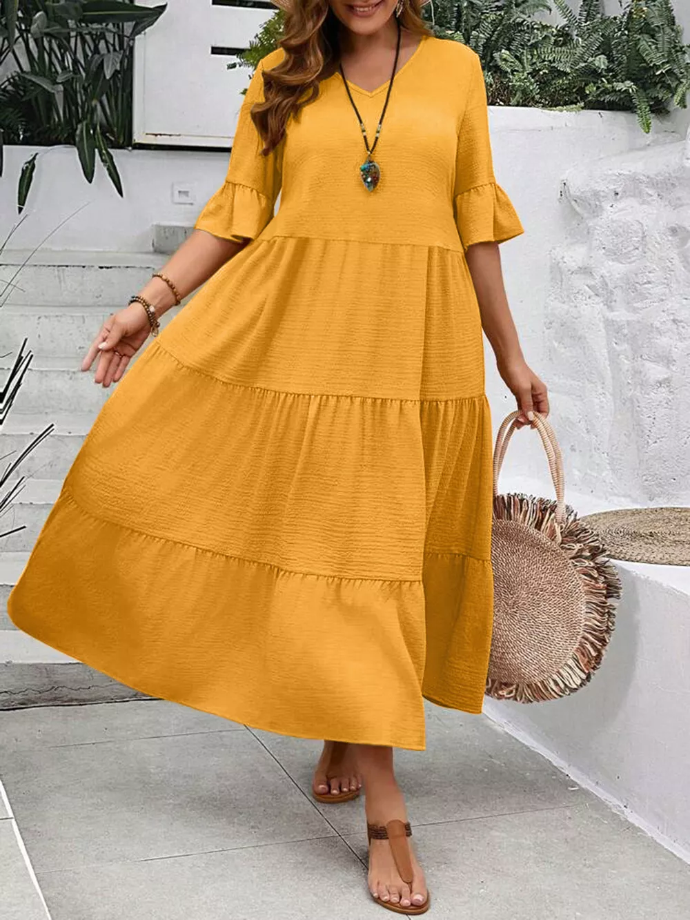 Plus Size Ruffle Sleeves Tiered Midi Dress, image 21