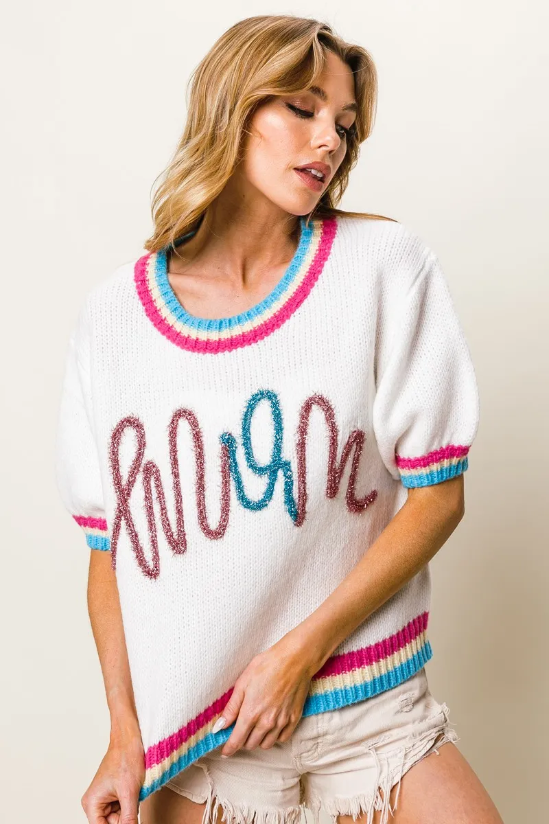 Metallic Letter Short Puff Sleeve Sweater, image 6